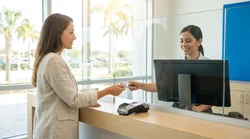 Close-up of a person handing a credit card to an agent at a Florida car rental desk