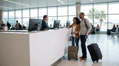 Travelers with luggage at a shared car rental counter in San Francisco airport