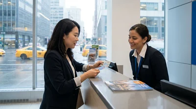 Person presenting a driving licence at a car hire counter in New York