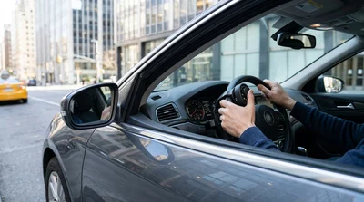 Driver using steering wheel hand controls inside an accessible car rental on a New York street
