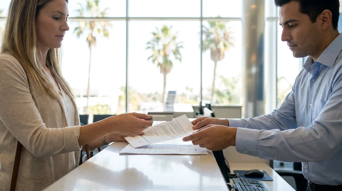 Customer holding a credit card and keys at a Los Angeles car rental desk