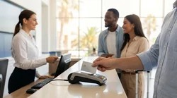 Traveler handing a credit card to an agent at a Miami Airport car hire counter