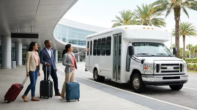 Passengers with luggage boarding a white car hire shuttle bus outside the Orlando airport terminal