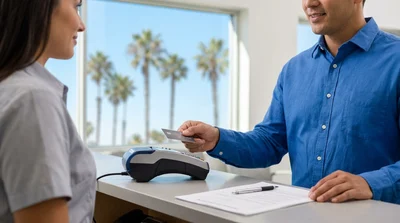 Close-up of a hand passing a credit card to an agent at a California car hire desk