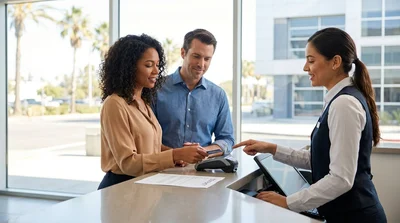 Close-up of a person handing a credit card to a clerk at a Miami car rental desk