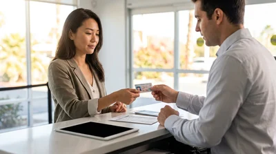 Person handing a South Korean driver's license to an agent at a California car rental desk