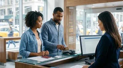 Customer presenting a credit card at a car rental counter in New York