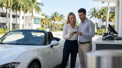 Close-up of a person handing a credit card to an agent at a car hire desk in Miami