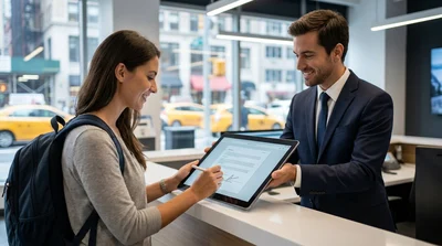 Customer reading a digital tablet at a car hire pick-up desk in New York