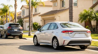 White car rental parked closely behind a dark sedan on a sunny city street in California