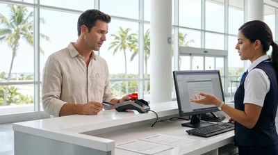 Customer handing a credit card to an agent at a car rental desk in Florida