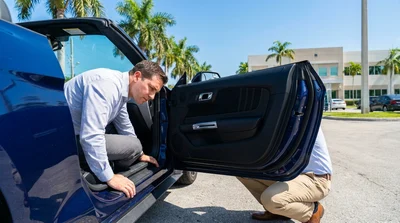 Person inspecting the interior floorboards of a white car rental parked in Miami