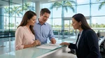 Person signing a car rental agreement at a brightly lit office desk in Florida