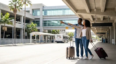 Travelers with luggage boarding a car hire shuttle outside the Tom Bradley Terminal in Los Angeles