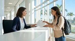 Customer presenting documents to an agent at a car rental desk in Florida