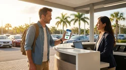 Person holding a smartphone showing a digital driving license next to a car hire vehicle in Florida