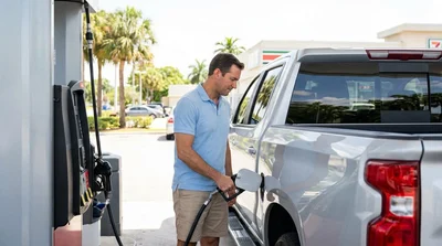 Close-up of a fuel pump nozzle inserted into a white car rental at a bright Miami gas station