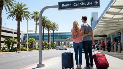 Travelers walking with luggage toward a car rental shuttle bus at the Las Vegas airport