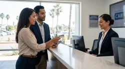 Close-up of a customer presenting a US REAL ID at a car rental desk in California