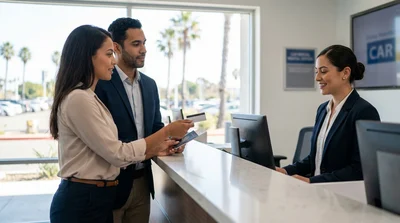 Close-up of a customer presenting a US REAL ID at a car rental desk in California
