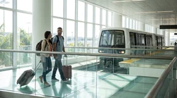 Travelers with luggage walking on an elevated train platform toward the car rental center at Miami Airport