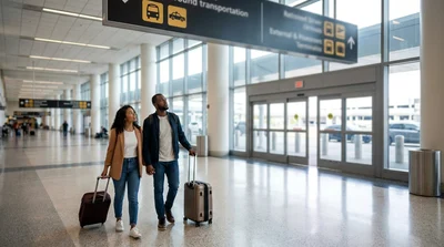 Travelers waiting with luggage at a New York airport curb for a car rental shuttle