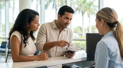 Customer handing a driver's license to an agent at a Florida car rental counter