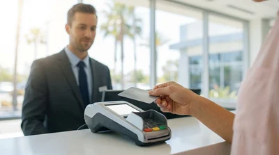 Person handing a credit card to an agent across a desk at a California car hire office