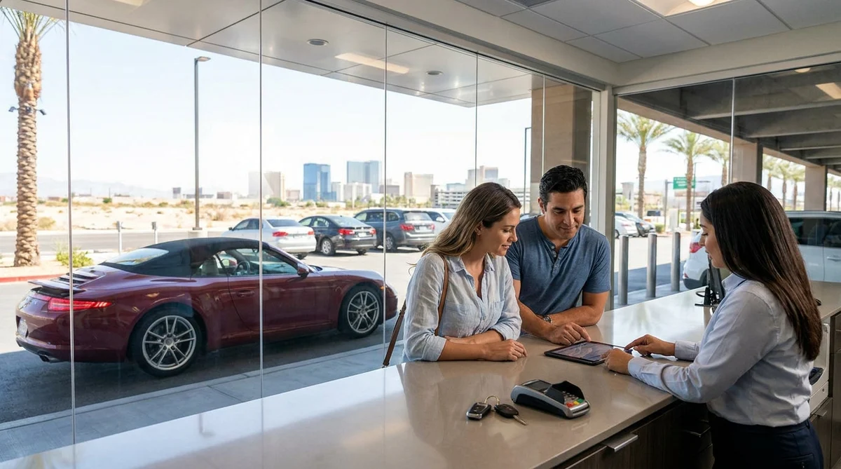 Person receiving keys for a car hire with the Las Vegas Strip in the background