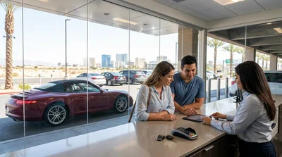 Person receiving keys for a car hire with the Las Vegas Strip in the background