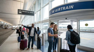 Travelers with luggage walking past a car hire sign inside San Francisco airport Terminal 3