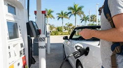 Driver paying with a credit card at a gas pump while fueling a car rental in Florida