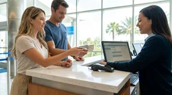 Two adults presenting a credit card and IDs at an Orlando car hire desk