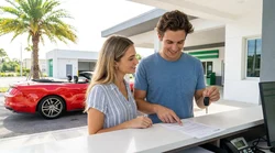 Two young friends driving a car rental along a sunny coastal road lined with palm trees in Florida