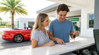 Two young friends driving a car rental along a sunny coastal road lined with palm trees in Florida