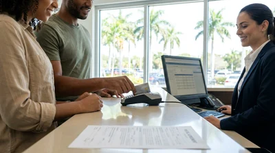 Close-up of a person holding a credit card and keys at a Florida car rental counter
