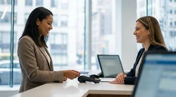 Person tapping a contactless credit card on a payment terminal at a New York car hire desk