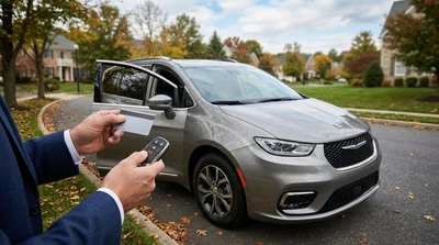 Customer handing a credit card to an agent across a car hire desk in Pennsylvania