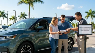 Person driving a car rental down a sunny coastal road lined with palm trees in Florida