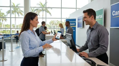 Traveler handing a boarding pass to an agent at a car hire desk in Miami