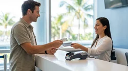 Person presenting a driver's license at a car rental desk in California