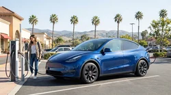 White electric car rental parked at a public EV charging station on a sunny street in California