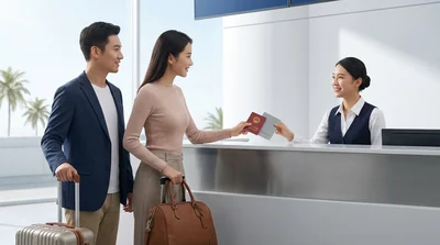Person handing a driver's license to an agent at a car rental counter in California