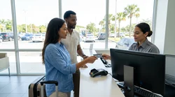 Person presenting a passport card to an agent at a car rental desk in Florida