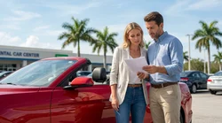 White convertible car rental driving along a sunny palm-lined coastal highway in Florida