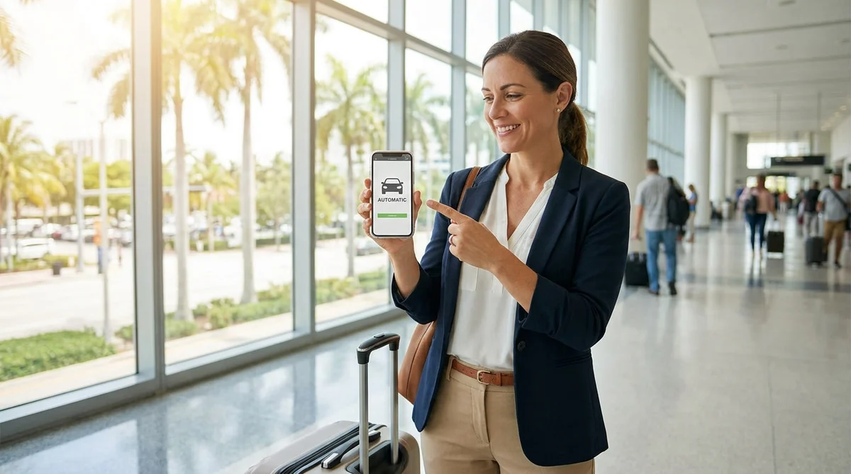 Driver holding the automatic gear shift of a car rental driving through Miami