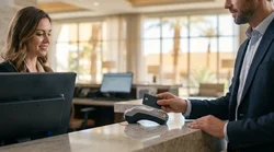Person handing a credit card to a clerk at a car rental desk in Las Vegas