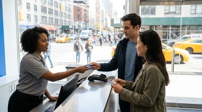 Customer handing a credit card to an agent at a New York car rental counter