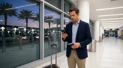 Traveler receiving keys at a brightly lit car rental counter in Miami at night