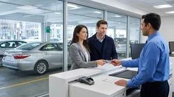 Customer handing a credit card to an agent at a New York car rental counter